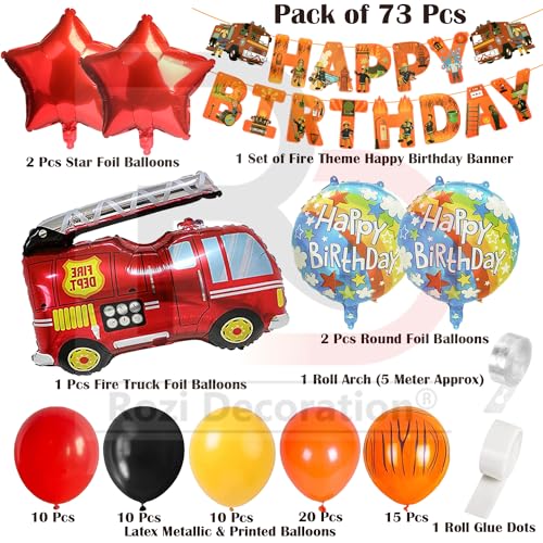 Image of Rozi Decoration Latex, Foil, Cardstock Fireman Theme Birthday Decoration Items For Girl, Boy, Kids Birthday Decor, Firefighter Fire Truck Theme Birthday Decorations Pack Of 73 Pieces, Multicolor