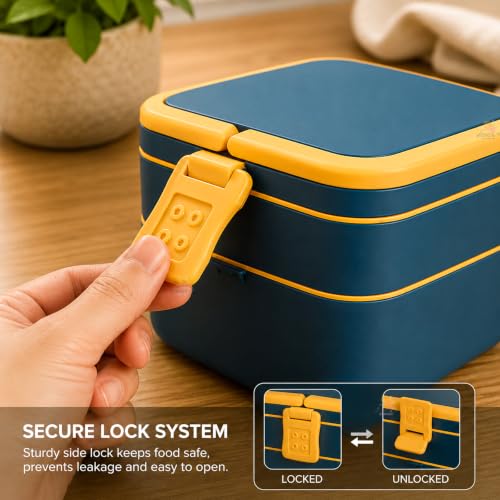 Image of WISHKEY Microwave Proof Double Compartment Lunch Box with Handle for Kids, Colorful Push Lock Tiffin Box for Office Adults, Birthday Gift for School Boys & Girls (Pack of 1, Multicolor)