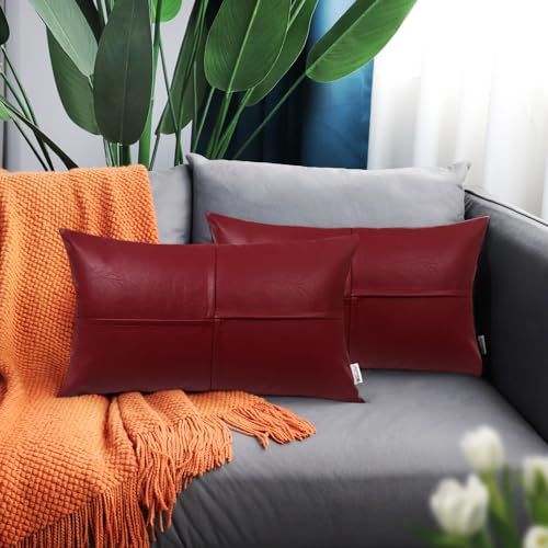 Image of BRAWARM Faux Leather Throw Pillow Covers 12 X 20 Inches, Deep Red Leather Lumbar Pillow Covers Pack of 2, Hand Stitched Leather Decorative Throw Pillows for Couch Sofa Bed Living Room Home Garden