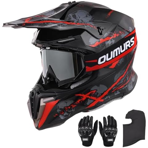 OUMURS Adult ATV Dirt Bike Helmet with Gloves & Mask Adjustable Sun Visor Motorcycle Adult Helmet Off-Road Motocross Downhill Moped MX for Unisex-Adult-Red Skull, L Cover