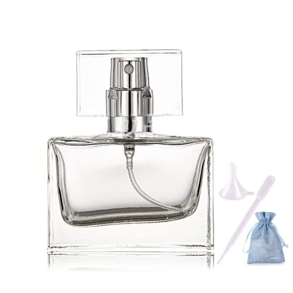 JJKMALL- 1Pcs 30ml / 1 oz. Clear Refillable Perfume Bottle, Portable Square Empty Glass Perfume Atomizer Bottle with Spray 1pc Funnel Filler 1PC 3ml dropper 1pc Storage bag
