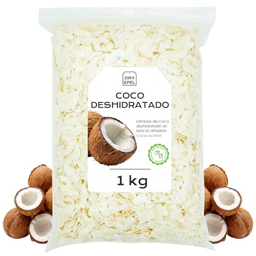 Coco Deshidratado Sin Azucar 1 Kg - Coco Seco Cortado en Laminas - Snacks Saludables - Sin Azucar Añadido, Sin Conservantes, Sin Gluten (1 kg, Coco)