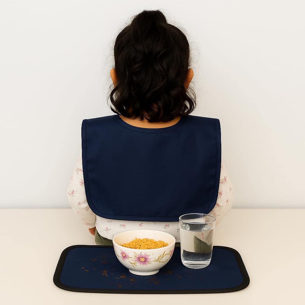 MAKSTILE Waterproof Kids Bib with Food Mat | Lightweight & Foldable | Multi-Functional Clothing Protector for Boys & Girls (6-12 Years) | School Lunch, Eating, Painting, Craft & Travel(Navy Blue) - Image 2 thumbnail