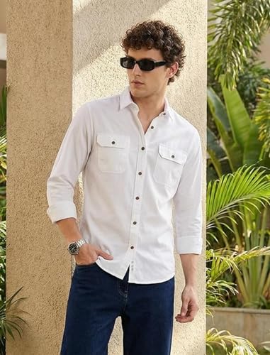 Image of IndoPrimo Men's Cotton Shirt with Stylish Flap Pockets Full Sleeves Spread Collared Neck Solid Pattern Western Style Classic Fit and Standard Length