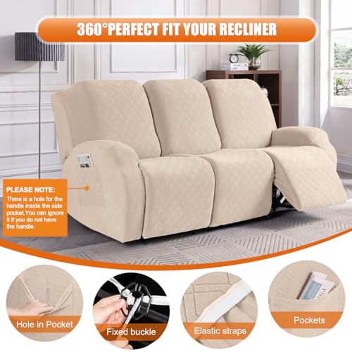 Image of VANSOFY Recliner Cover, 3-Pieces Stretch Reclining Couch Covers with Pockets Reclining Sofa Slipcovers 3 Seater Soft Washable Furniture Protector for Dogs Cats(Cream)
