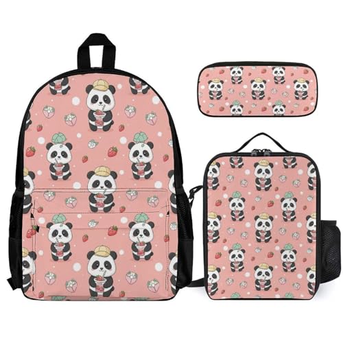 AMRANDOM Backpacks for Unisex Bookbags Lightweight Cute Pink Strawberry Panda Backpack Set with Lunch Bag Makeup Bags