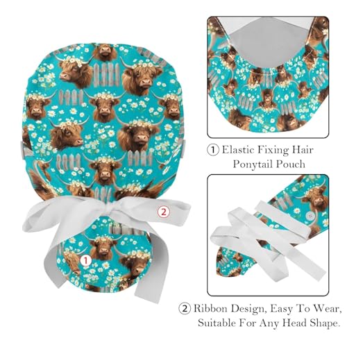 Image of 2 PCS Bouffant Cap with Button Ponytail Pouch Working Cap Sweatband Adjustable Surgical Cap Black and White Cow