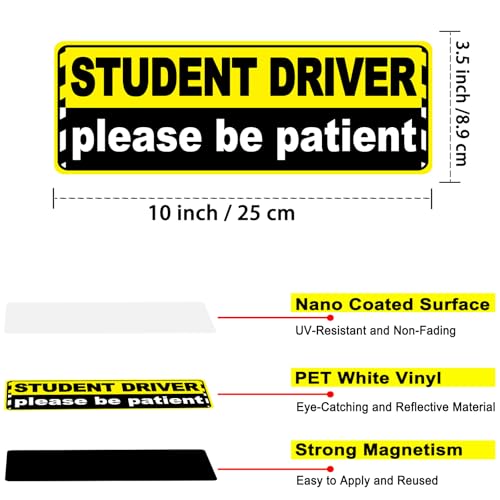 Image of Student Driver Magnet for Car, New Driver Magnetic Vehicle Sign, Reflective Safety Warning Sticker Magnet Sign for Girl, 9.8 inch x 3.5 inch (Yellow-Black- 2 Pack)