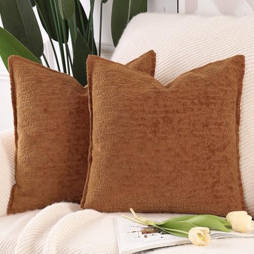 Madizz Juego de 2 Suave Chenilla Decorativo Funda de cojíns de Terciopelo con Borde Neutras Fundas de Almohada Boho para Sofá Dormitorio Salón Óxido Cuadrado 40 x 40 cm