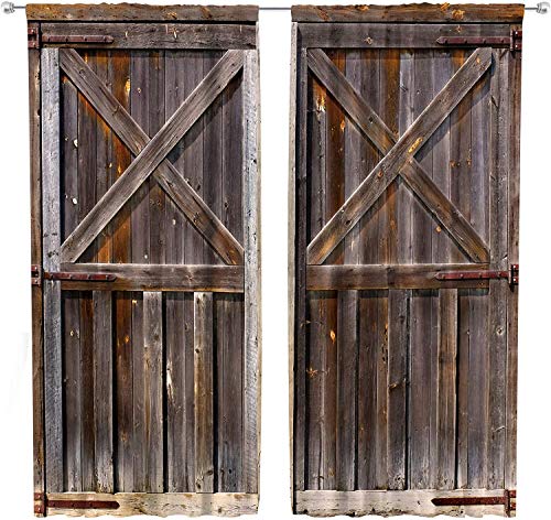 Riyidecor Rustic Wooden Barn Doors Kitchen Curtains Farmhouse Country Rod Pocket Farm Woods Retro Brown Western Old Printed Living Room Bedroom Window Drapes Treatment Fabric 2 Panels 27.5 X 39 Inch #TOP4