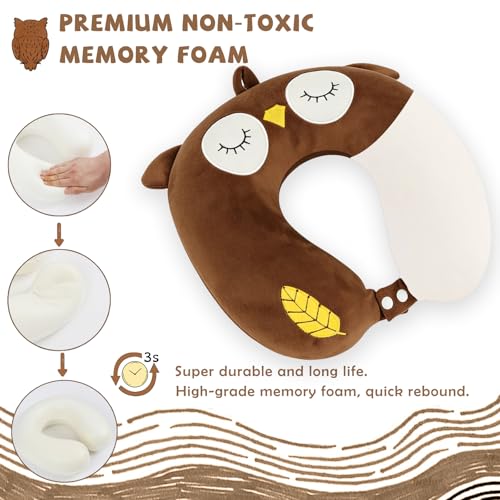 Image of Travel Pillow, Kids Travel Pillow with Sleep Eye Mask Soft Memory Foam Kids Neck Pillow for Boys & Girls, Travel Accessories for Car Airplane Traveling - Owl