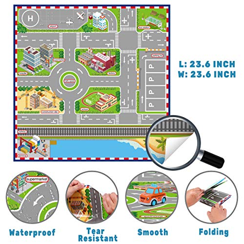 Pull Back Vehicle Toys with Play Mat, Cute Cartoon Pull Back Truck Toy Car for Toddler with Mini Airplane Road Sign, Small Metal Diecast Vehicles Gift for Boys Girls Kids