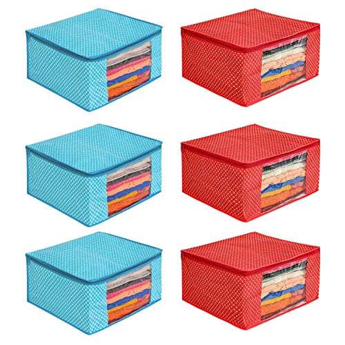 Image of with Transparent Window Set| Bag Clothe|Cotton Saree Cover Closet Orgnizer /Saree Bags for Wardrobe Orgnizer Clothe Covers |Suit Bag| Cover (Pack of 6, SkyBlue + Red)