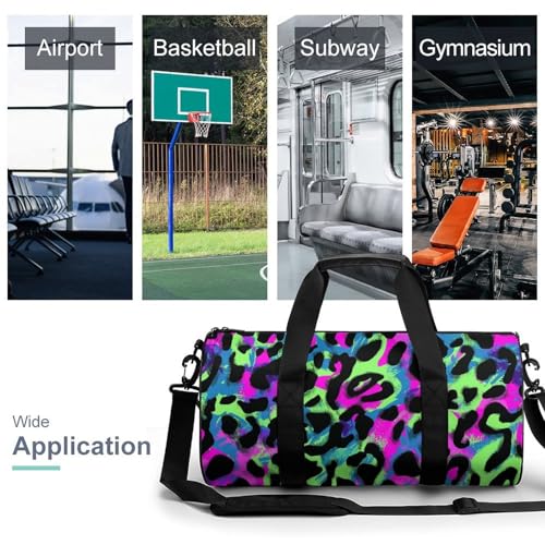 Neon Leopard Print Travel Gym Bag for Women Men Cylindrical Duffle Bag Sport Workout Bag with Shoulder Strap3
