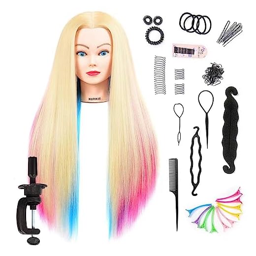 Mannequin Head with Long Synthetic Fiber Colorful Hair Styling Training Head 26-28inch Manikin Cosmetology Doll Head Hairdressing Training Model for Cutting Braiding Practice and Free Clamp Holder