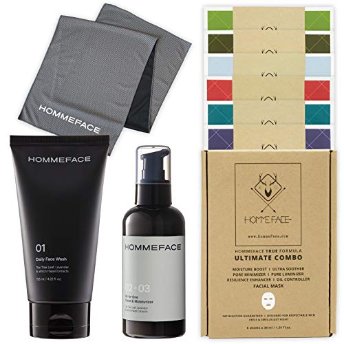 HOMMEFACE Men’s Skincare Duo, Limited Edition - 2-Step Routine Kit, Ultimate Combo Sheet Mask Set of 6 & Free Gift Included with Box