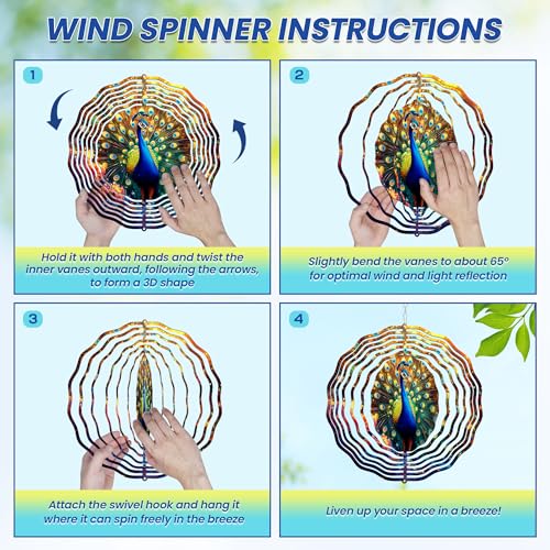 Image of FLAGWIX Peacock Wind Spinners Outdoor - 3D Stainless Steel Metal Kinetic Spinner 12 inch - Gardening Gifts for Women, Peacock Yard Art Home Garden Decor, Gifts for Outside