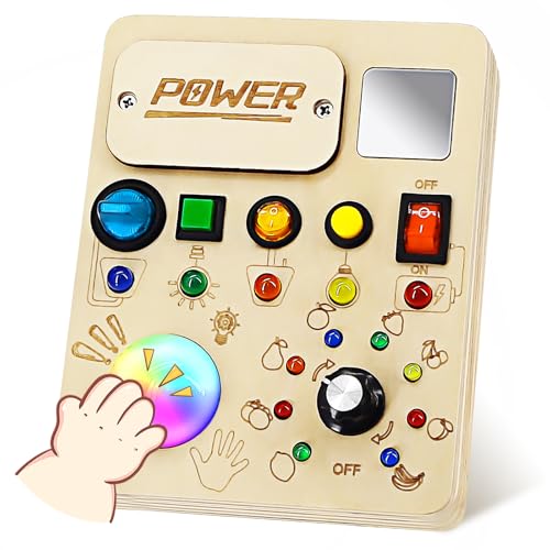 RCPLAGA Busy Board Montessori Toy for Toddler, Wooden Sensory Activity Board with LED Light UP Switch, Baby Fidget Board Travel Toys for 18+ Months, 1 2 3 Year Old Boys Girls Toddler Toys Gifts