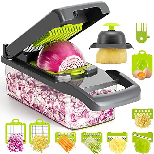 KEOUKE Vegetable Chopper Slicer Dicer - 12 -in -1 Onion Chopper Fruits Cutter Mandoline Slicer Food Chopper/Cutter with 7 Stainless Steel Blades, Adjustable Slicer & Dicer with Storage Container