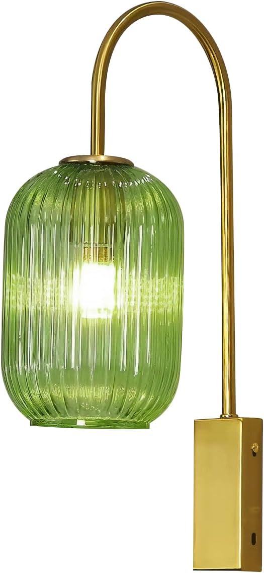 1-Light Glass Wall Lights Mid Century Modern Wall Sconces Gold Vintage Bathroom Vanity Light with Ribbed Glass Shade Industrial Wall Lamp for Mirror Bedroom Living Room Hallway (Green)