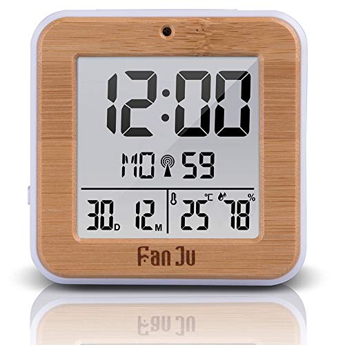 ALLOMN Reloj Despertador Digital, Reloj Inteligente de Viaje Mesa de Escritorio Reloj de Cabecera DCF Reloj de Alarma Dual, 12/24H, Temperatura y Humedad, Retroiluminación y Baterías AA (Madera)