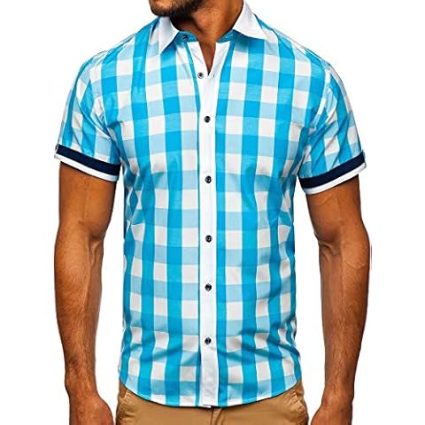 BOLF Herren Hemd Kurzarm Trachtenhemd Karohemd Freizeithemd Slim Fit Kariert Baumwollmischung Sommer Casual Style 8901 Türkis M Cover