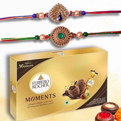 Image of Gifticon Rakhi for Brother with Chocolate Combo Gift Set - Designer Rakhi for Brother Bhaiya with Ferrero Moments Chocolates Pack - Rakhi Set of 2 | IB-2R-Mom-MoreGreenPendal