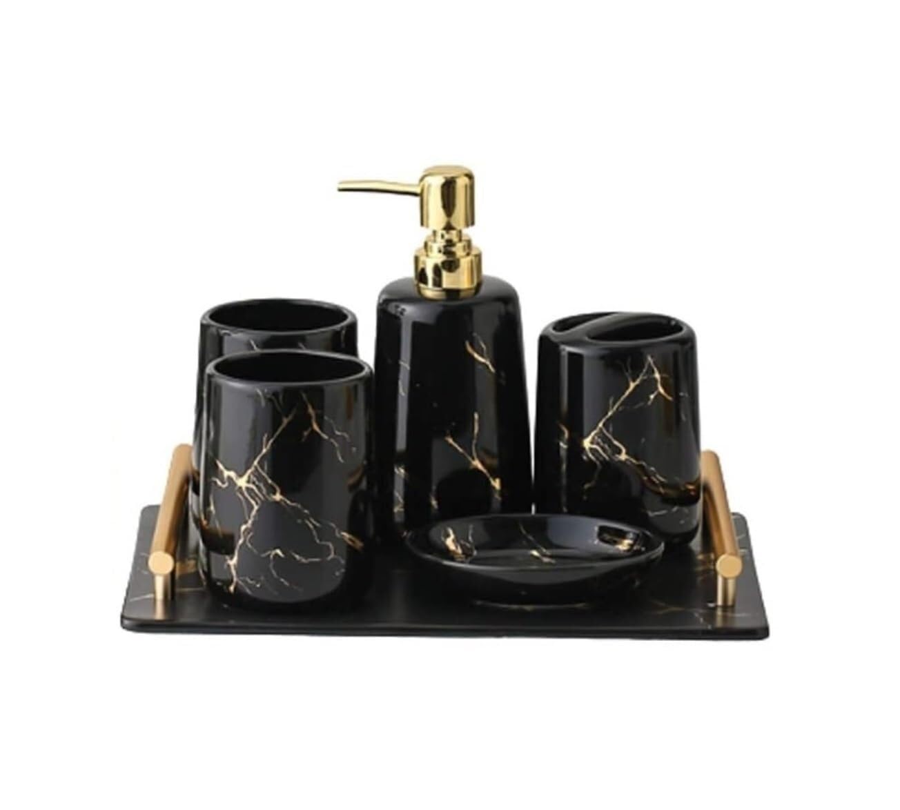 Juego de baño de cerámica para decoración estética del hogar con vaso de enjuague negro