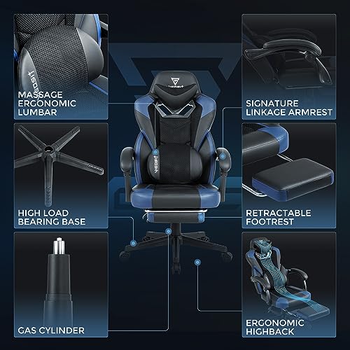 Image of Warmiehomy Gaming Chair - Ergonomic Computer Chairs for Adults - Reclining Office Desk Chair with Footrest and Lumbar Support, High Back Leather Gamer Chairs for Home Office Gaming Room(Black Blue)