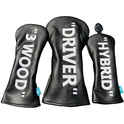 Golf Club Headcover 3 Wood Headcover Black n White Premium PU Leather Driver #3 Fairway Wood Hybrid Wood Head Cover Fits for All Brand (3pcs (1+3+h))