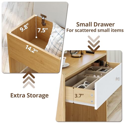 LIKIMIO Small Makeup Vanity Desk with Mirror and Lights, Vanity Table Set with Storage Drawer, Chair and Three Shelves, Bedroom, Wood