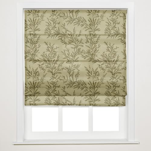 Image of TWOPAGES No Drill Cordless Vintage Leaf Print Roman Shades Linen Textured Roman Blinds for Windows, Custom Made Room Darkening Light Filtering Roman Window Shades, Travertine, 1 Piece