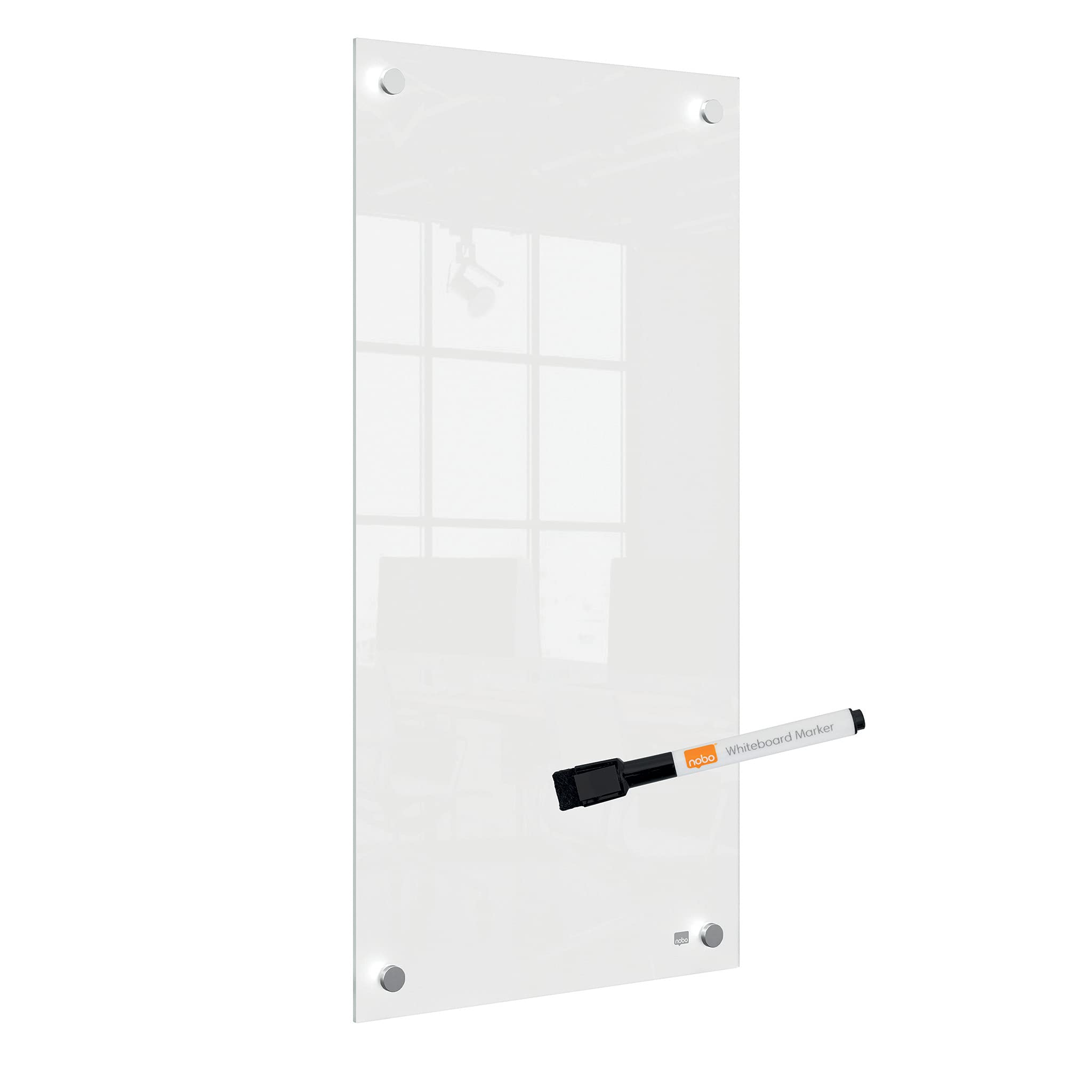 Nobo, Mała Szklana Tablica Suchościeralna, Bezramkowa, Narożny Montaż Ścienny, do Domu/Biura, 300 × 600 mm, w Zestawie Marker Suchościeralny Nobo, Kolor Biały (1915603)