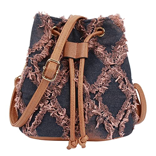 Image of Women Denim Mini Bucket Shoulder Crossbody Bag Drawstring Quilted Distressed Tassel Barrel Shape Satchel Purse