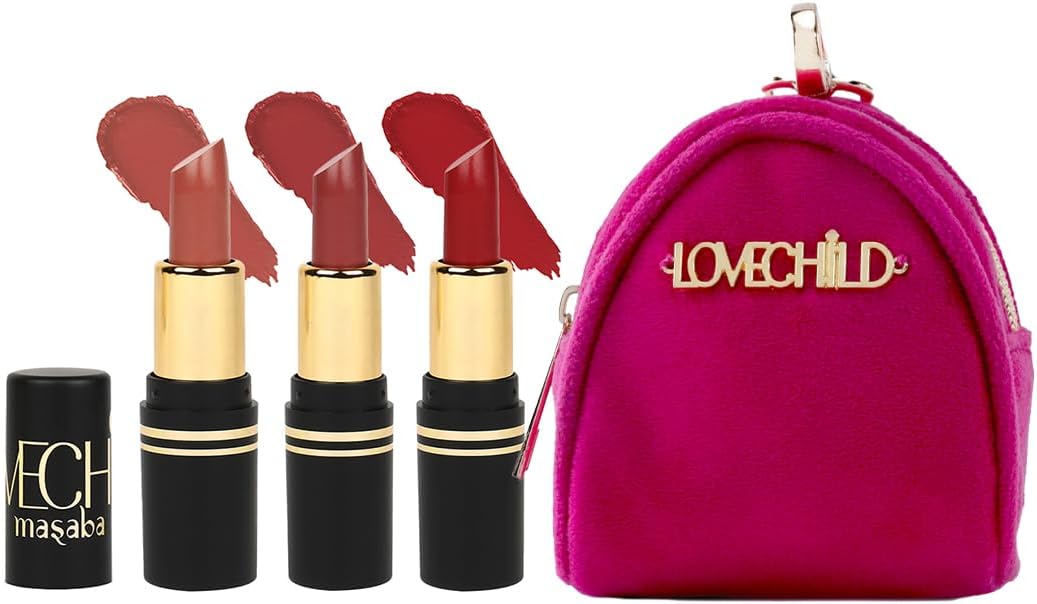 LoveChild Masaba - Pocket Mini Lipsticks (Set of 3 + Travel Pouch) Hydrating & Nourishing, Long lasting, Matte Bullet Lipstick, 1.5 gm each, Combo B