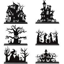 WATINC Halloween Wooden Centerpiece Decorations - Haunted House Witch Tree Silhouette Sketch Wood Tabletop Ornaments, Halloween Black Pumpkin Boo Desk Tiered Tray Decor for Home Kitchen Party