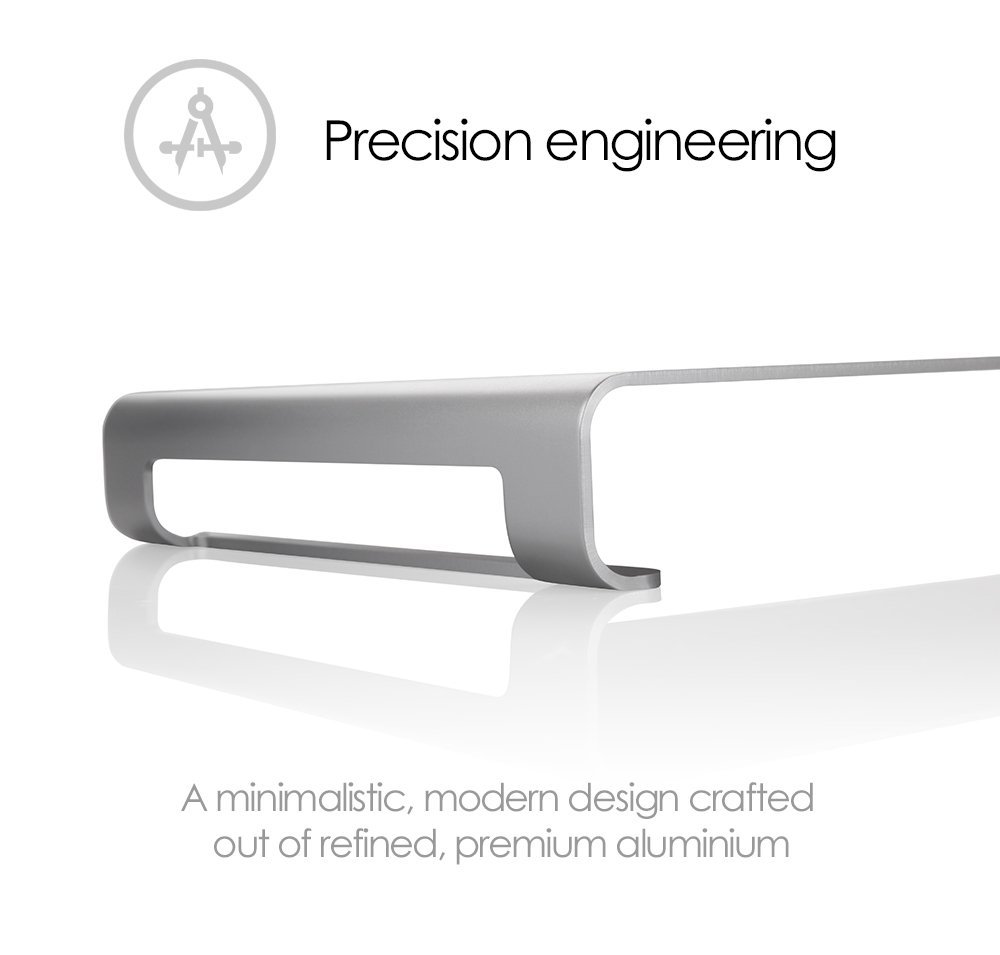 Desire2 Supporto Monitor Scrivania - Mensola Ergonomica in Alluminio Argentato, Alzata per PC, iMac, Macbook, Laptop, Notebook, e Stampante - Accessori di Organizzazione Portatile per Casa e Ufficio