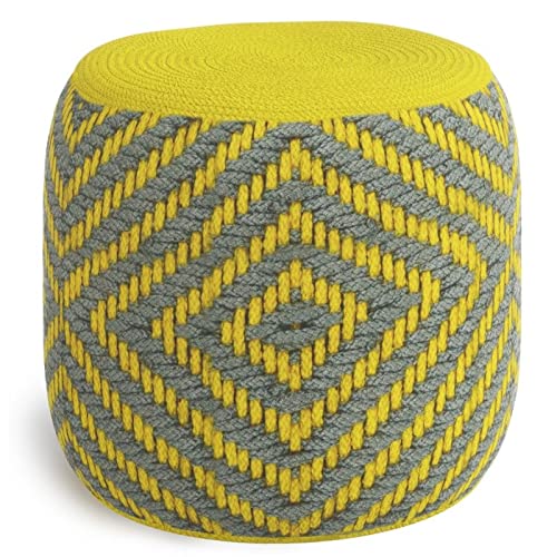Pemberly Row Boho Round Pouf Ottoman, Small Hand Knitted Hassock Footrest for Living Room, Cotton Woven Bean Bag Foot Stool for Couch, Yellow Cloth Puff Chair for Floor, 18