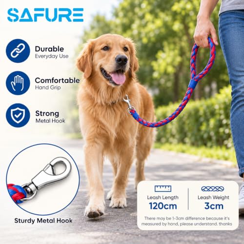Image of Dog Leash Heavy Duty, Braided Nylon 120 cm Long and 3 cm Wide Dog Belt for Large Dogs and Medium Dogs, Walking Rope with Loop Handle and Swivel Metal Hook (Red and Blue)