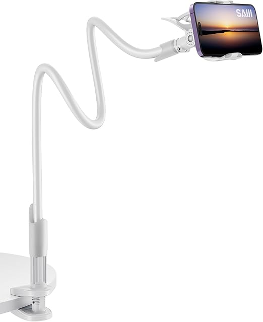 SAIJI Gooseneck Cell Phone Holder, Clamp Universal Lazy Mount Clip Hands Free Flexible Long Arm Bracket Grip for 4-7 Phones Mobile Stand Baby Monitor for Desk, Bed, Office, Kitchen (White)
