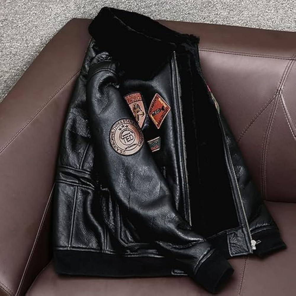 Men's Leather Bomber Jacket with Vintage Military Patches