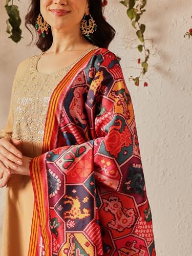 Image of Kalamkari Patola Dupatta Digital Printed With Handmade Tassels
