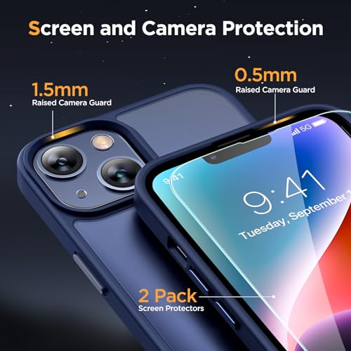 Image of Miracase Magnetic for iPhone 14 Plus Case 6.7 inch (Compatible with MagSafe)(with 2X Screen Protectors) Military-Grade Protection, Anti-Fingerprint Translucent Matte Phone Case Cover, Dark Blue