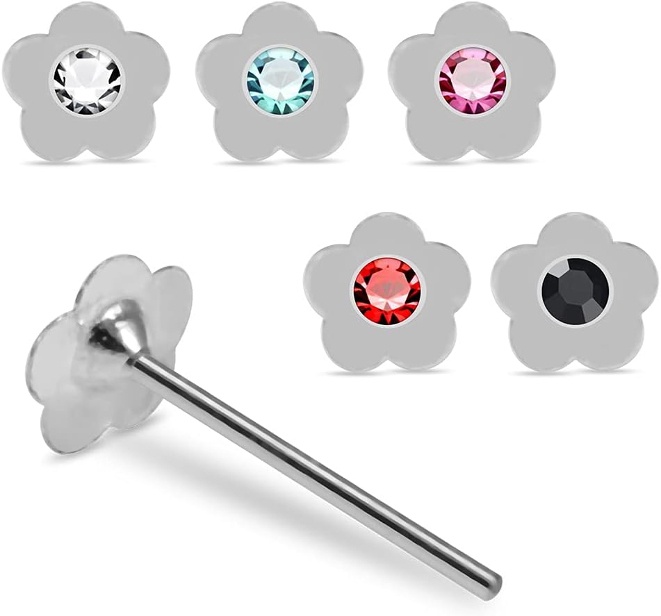 Crystal Stone Flower Design 22 Gauge 925 Sterling Silver Straight Nose Pin - Nose Stud - Tiny Nose Ring - Nose Piercing Body Jewelry