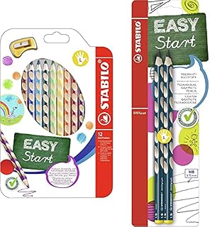STABILO EASYcolors Ergonomic colouring pencil left handed wallet of 12 assorted colours & EASYgraph Handwriting Pencil Left Handed - Petrol Pack of 2