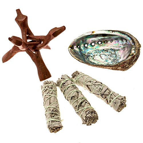 Premium Bundle With 6 Inch Or Larger Abalone Shell, Stained Wooden Tripod Stand, And 3 California White Sage Smudge Sticks For Incense Burning, Home Fragrance, Energy Clearing, Yoga, Meditation #TOP1