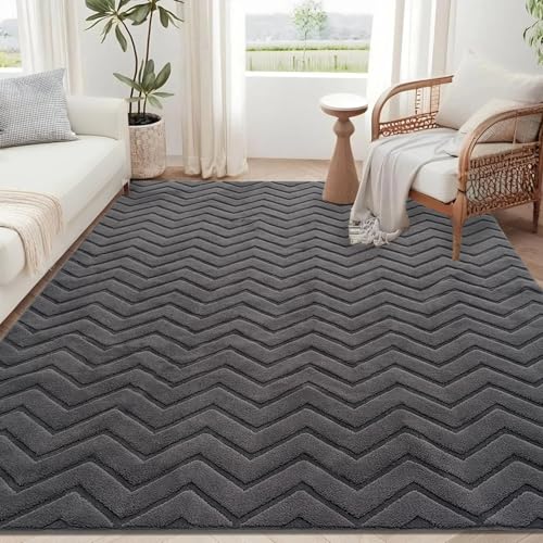 Tapis géométrique lavable USTIDE en peluche grise de 150x200 cm - 4