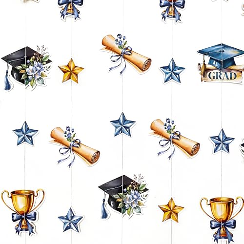 Image of Blue Gold Graduation Party Hanging Streamer Floral Navy Gold Star Grad Cap Garland Banner for Congrats Grad You Did It Class of 2026 We are So Proud of You Themed Graduation Party Decorations Supplies