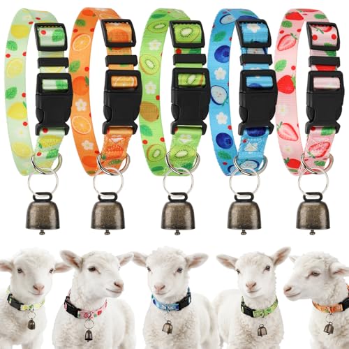 Image of 5 Pack Goat Collars with Bells, Adjustable Nylon Collar Set pet and Horse Sheep Grazing Copper Bells Pet Anti-Lost Loud Bronze Bell for Small Farm Animal Sheep Goat Cow Accessories(Fruit)