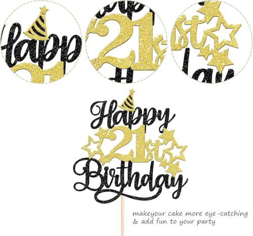 Image of Confetti! Glittering 21st Birthday Cake Topper with Star Hat - Cheers to 21 Years! Fabulous Cake Decorations for Adults 21st Birthday & Anniversary Party Supply